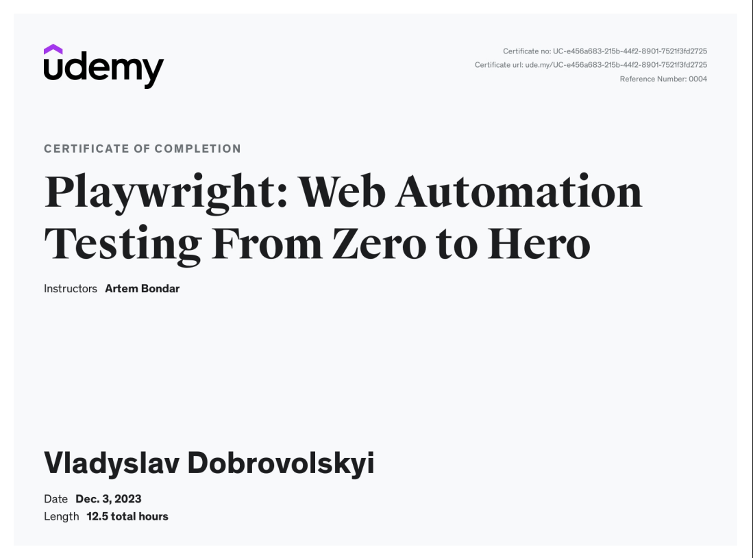 Playwright Test Automation Certificate from Udemy