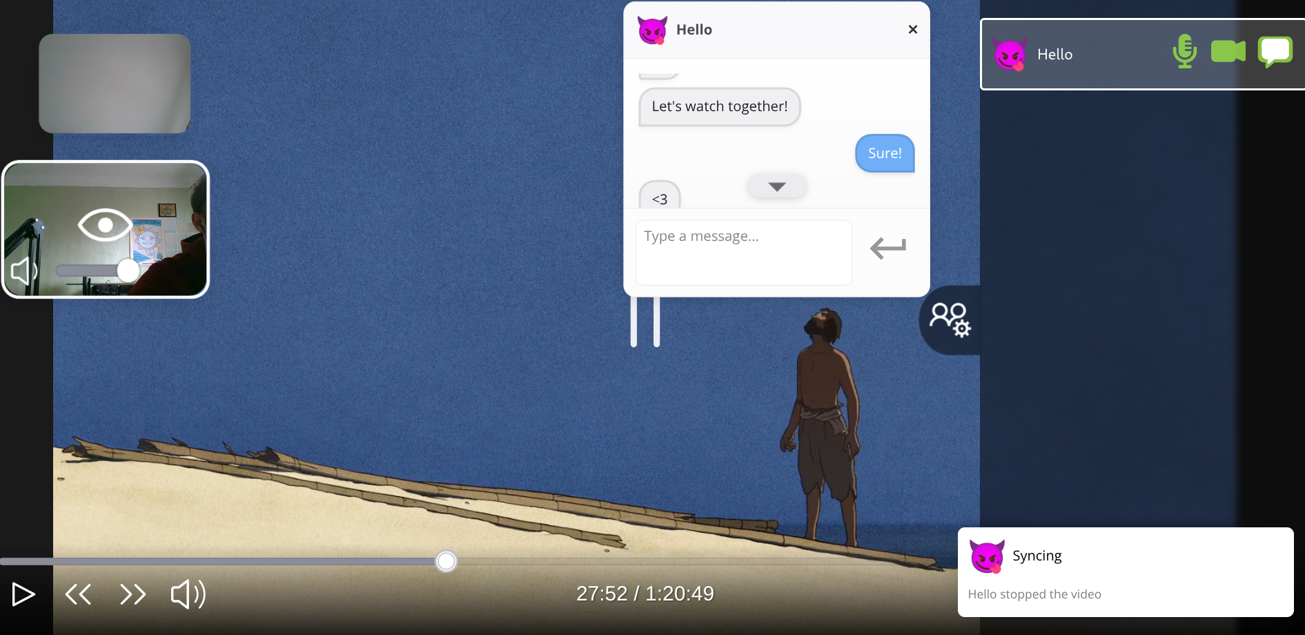 WatchTogether platform interface showing synchronized video player with chat